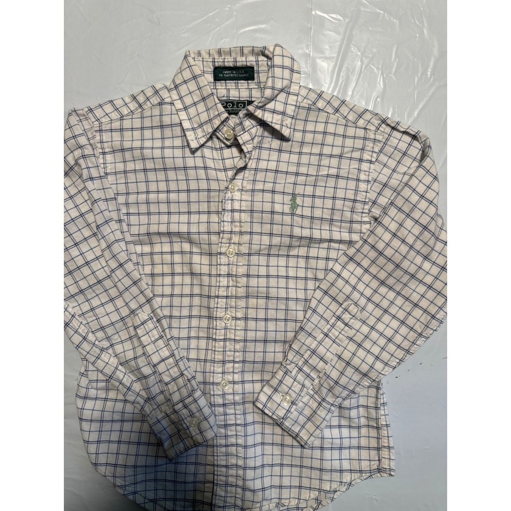 Polo Ralph Lauren Boys Blue White Plaid Button Down Shirt Size 7 Vintage USA